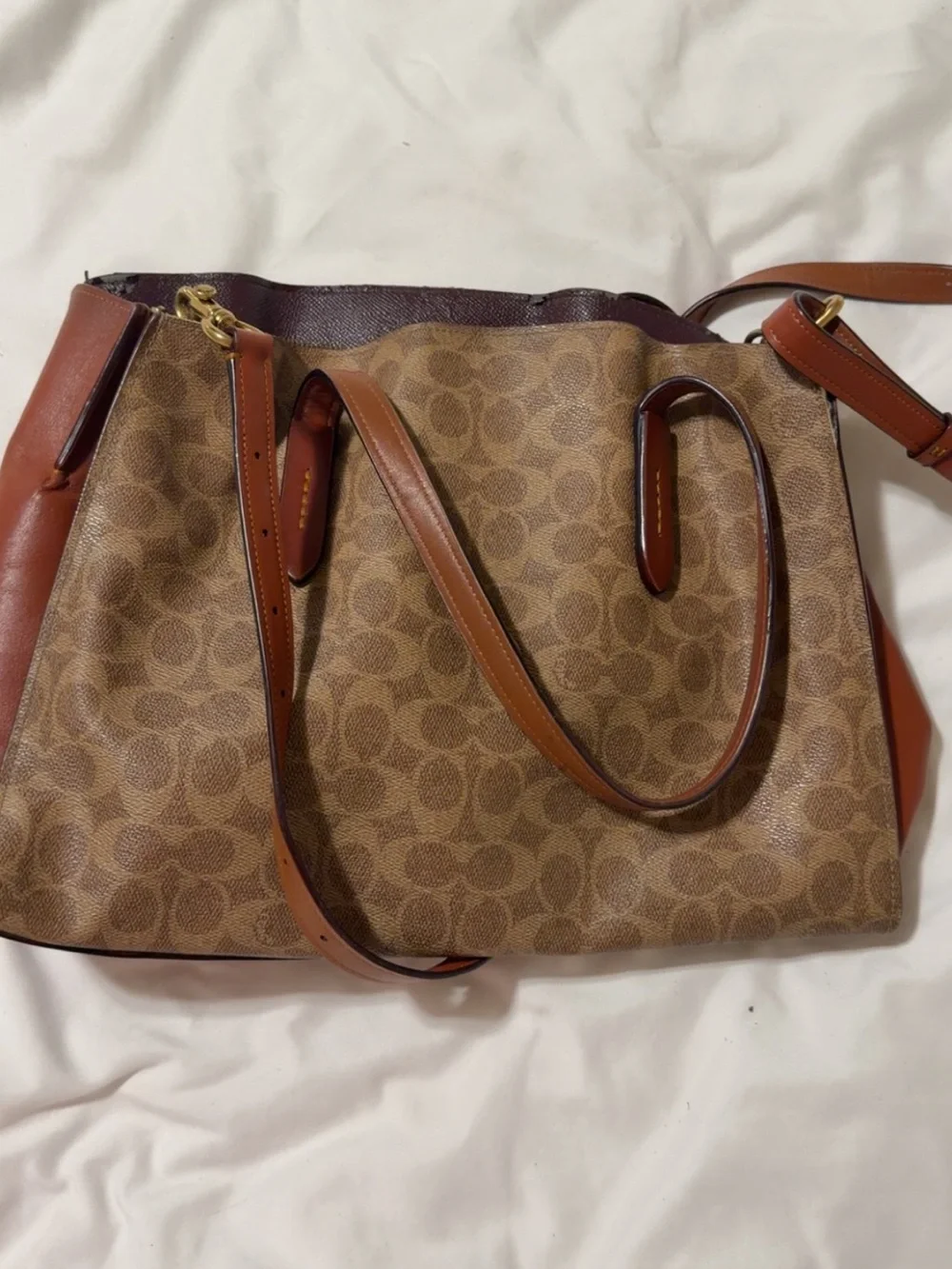 Coach Brown Signature Canvas Shoulder Bag with Saddle Trim